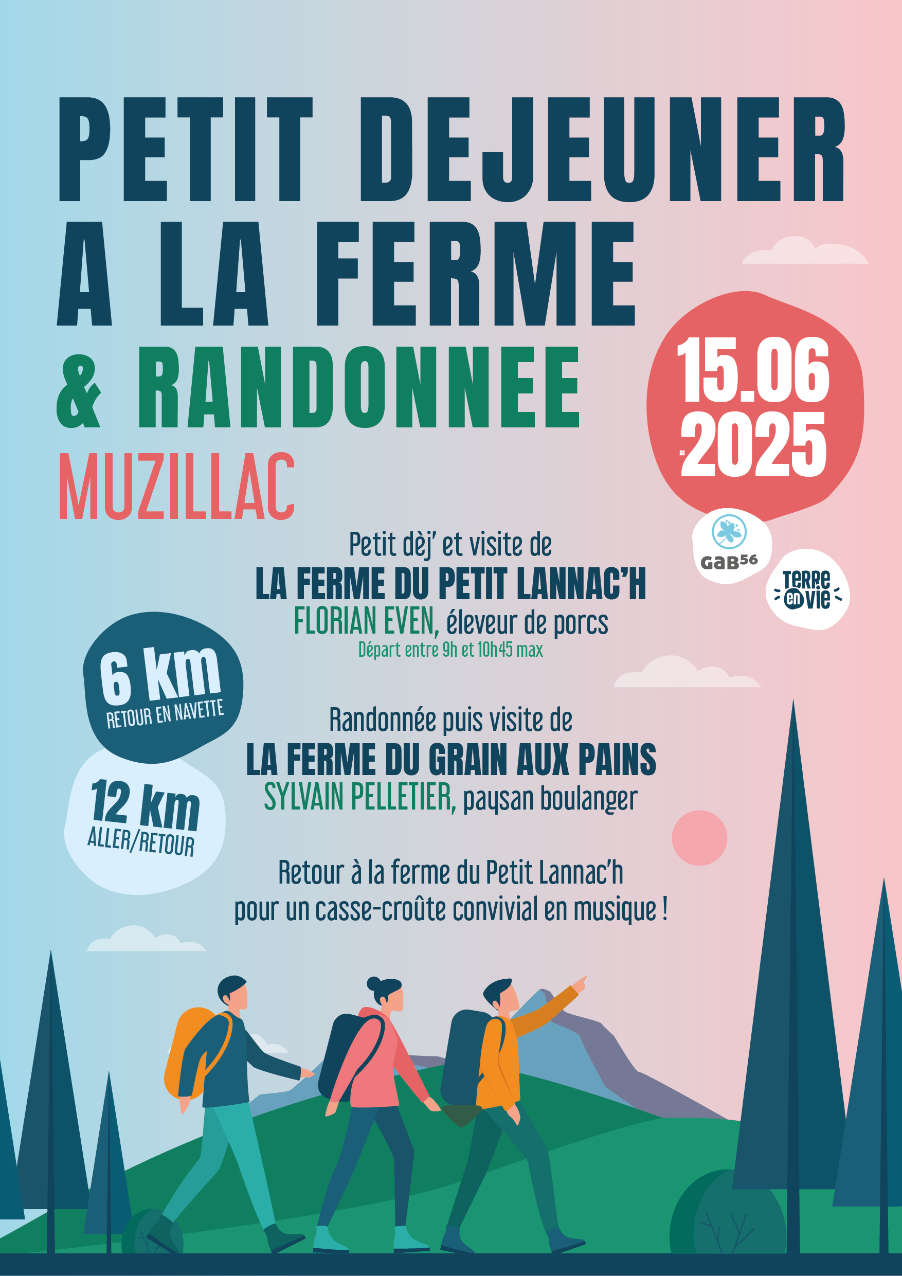 Affiche petit déjeuner à la fermer & randonnée à muzillac le 15 juin 2025